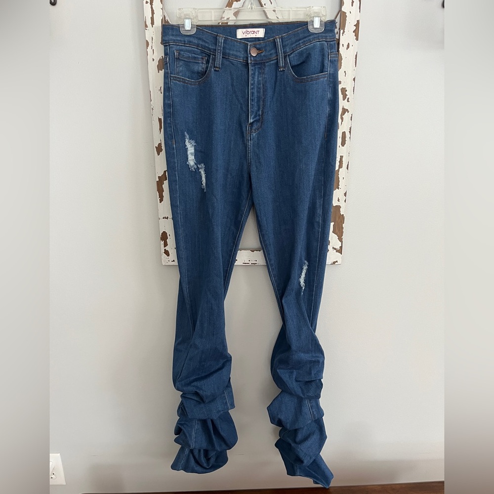 Vibrant Womens Stacked Scrunched Leg Denim‎ Distressed Jeans Size Large